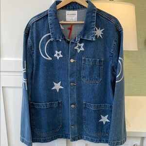Denim Jacket with Star and Moon Embroidery